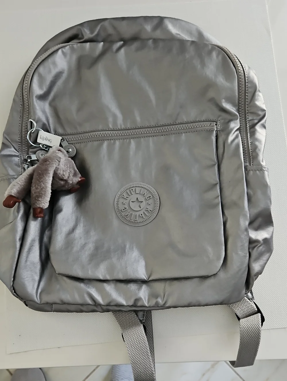Kipling Metallic Silver Nylon Backpack with Monkey Keychain